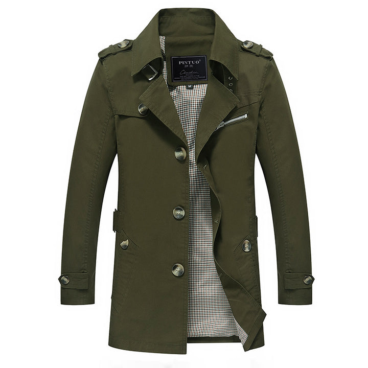 Herren leichter Baumwoll-Trenchcoat mit Reverskragen, Schulterklappen, kontrastierter Innenfütterung und verdeckter Knopfleiste Drune