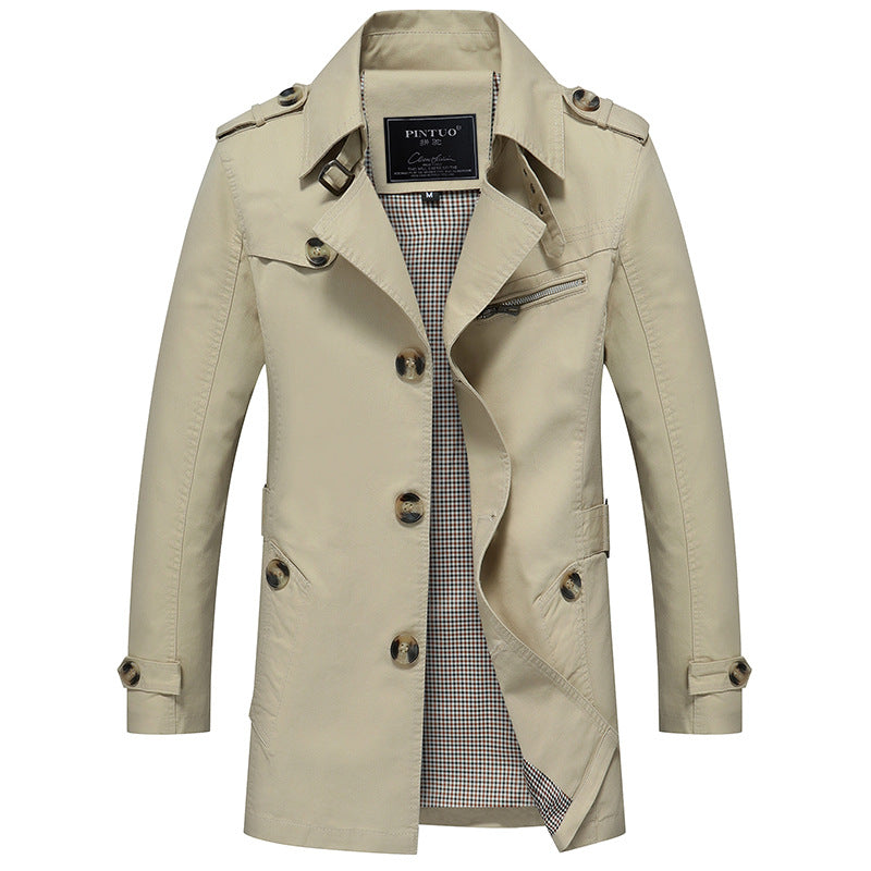 Herren leichter Baumwoll-Trenchcoat mit Reverskragen, Schulterklappen, kontrastierter Innenfütterung und verdeckter Knopfleiste Drune