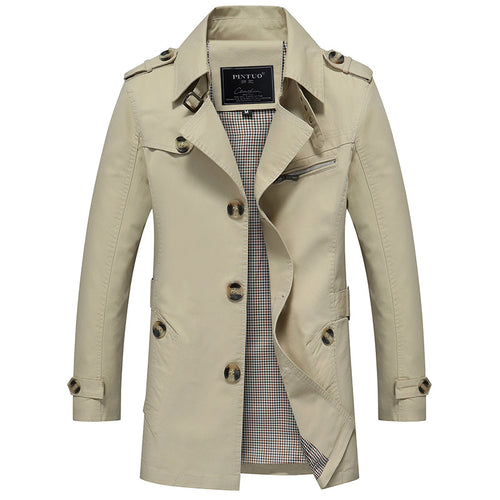 Herren leichter Baumwoll-Trenchcoat mit Reverskragen, Schulterklappen, kontrastierter Innenfütterung und verdeckter Knopfleiste Drune