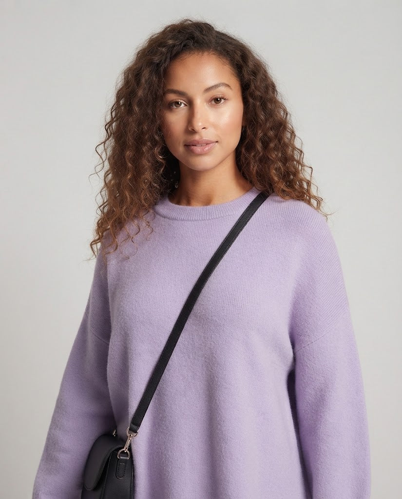 Damen Oversize Longpullover im Mohair‑Look mit Rundhals, überschnittener Schulter und seitlichem Schlitz Drune