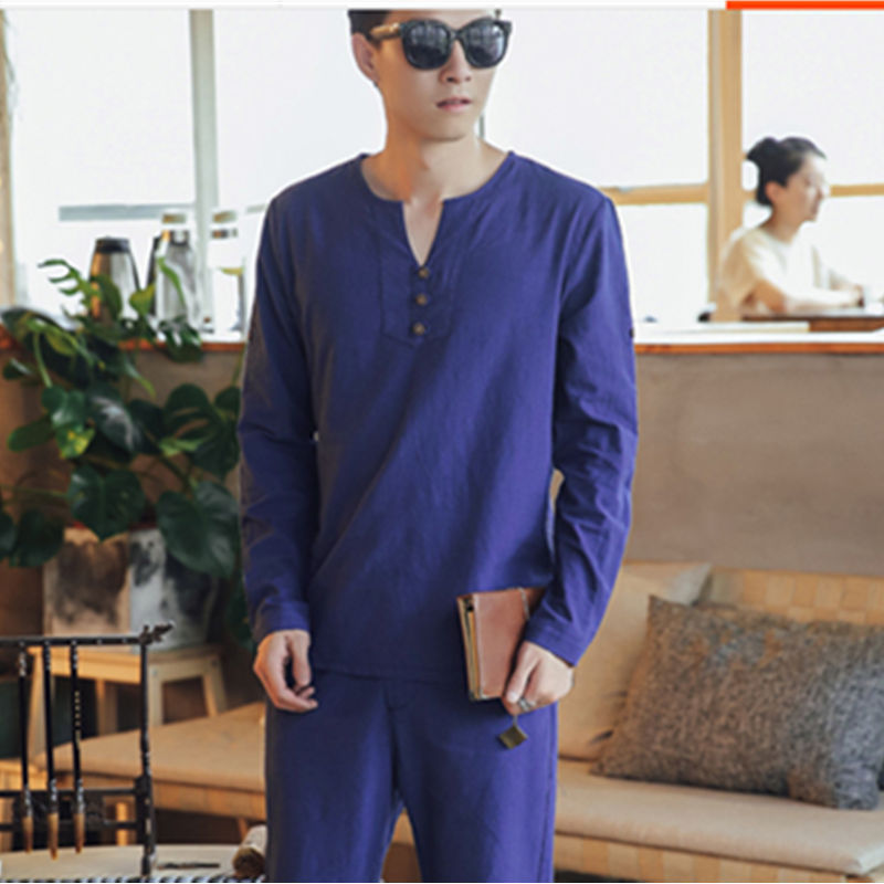 Herren Langärmeliges Henley-Loungewear-Oberteil mit Stehkragen und dekorativer Knopfleiste Drune