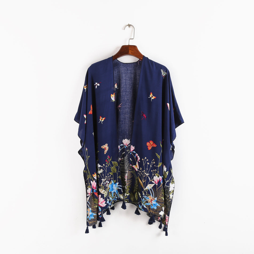 Damen Kaftan-Kimono-Überwurf mit floralem Print, Schmetterlingsstickerei und Quasten Drune