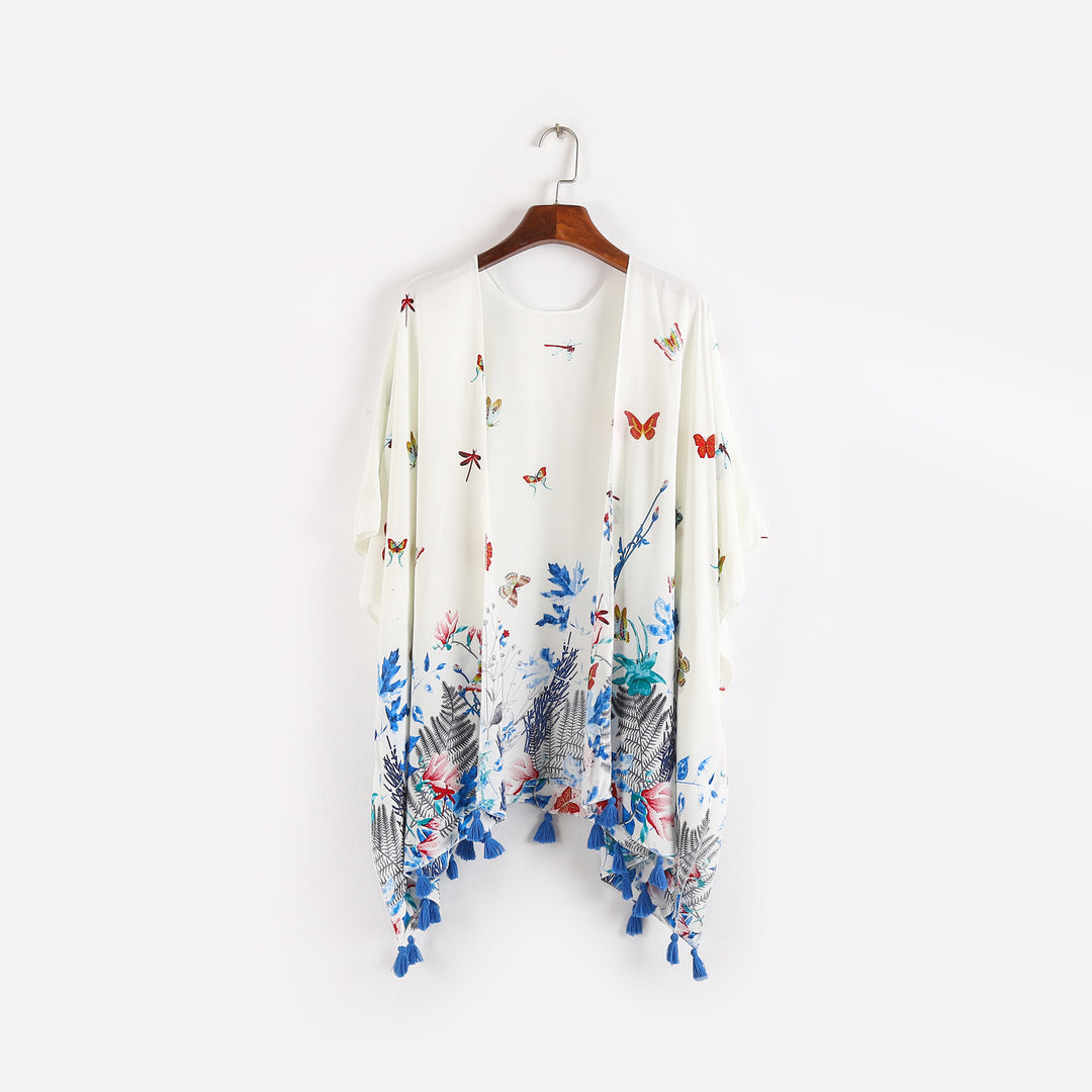 Damen Kaftan-Kimono-Überwurf mit floralem Print, Schmetterlingsstickerei und Quasten Drune