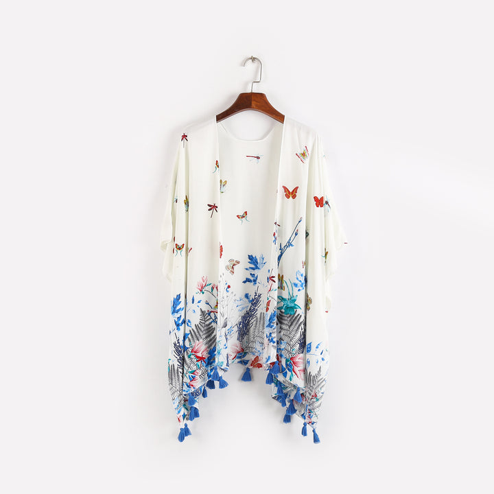 Damen Kaftan-Kimono-Überwurf mit floralem Print, Schmetterlingsstickerei und Quasten Drune