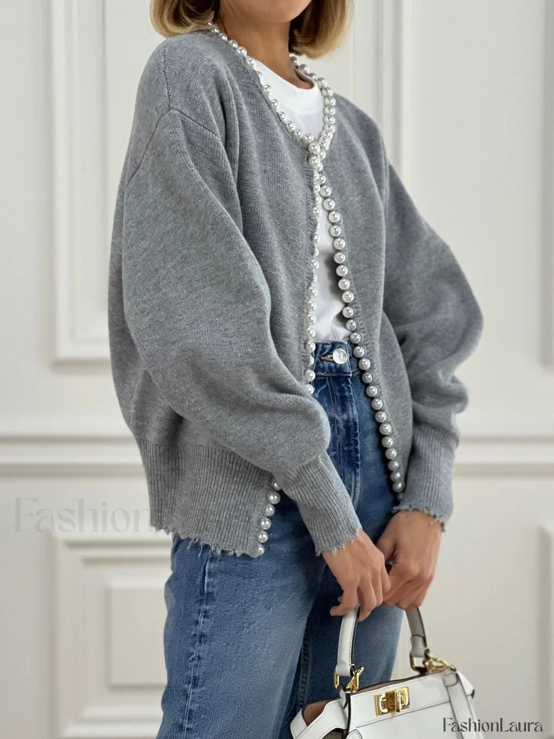 Drune | Knit cardigan with pearl embellishments and frayed hem
