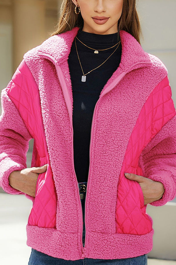 Drune | Langarm-Cardigan mit Reißverschluss aus Plüsch-Patchwork Damenjacke