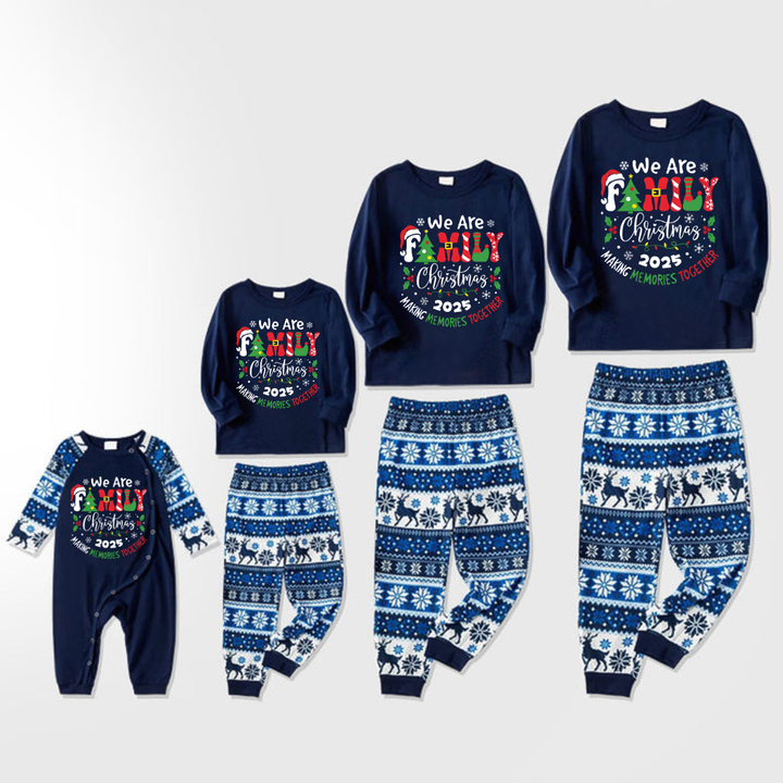 Drune | "Wir sind Familie 2025 Weihnachten Erinnerungen gemeinsam machen" Slogan Druck Blau Langarm Mit blauen Blumenhose Familie passende Pyjama Sets