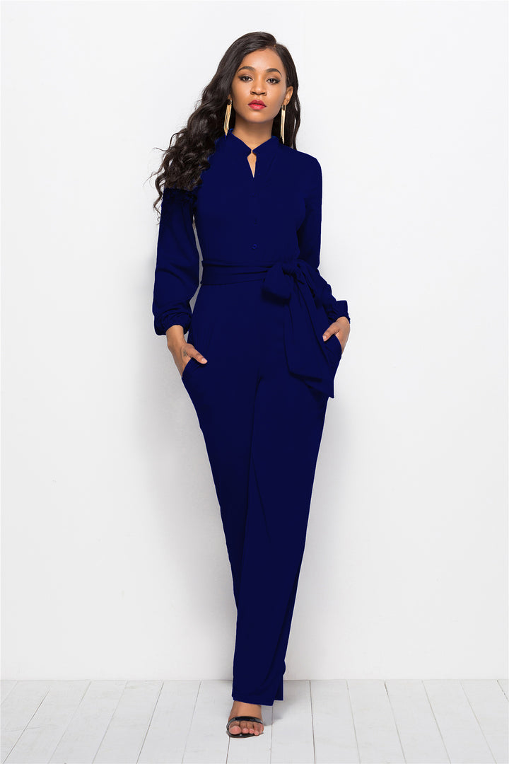 Damen Eleganter Jumpsuit mit tailliertem Schnitt und langen Ärmeln Drune