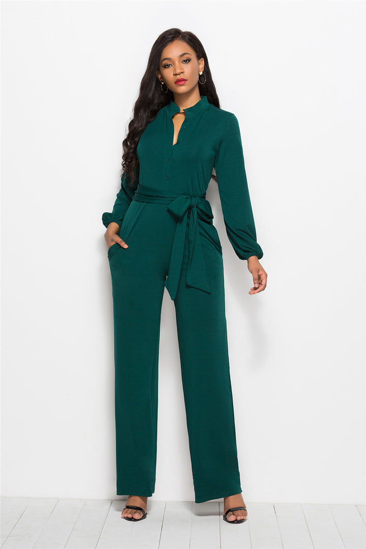 Damen Eleganter Jumpsuit mit tailliertem Schnitt und langen Ärmeln Drune