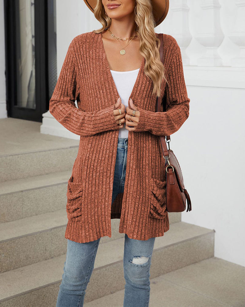 Drune | Lässiger Einfarbiger Cardigan mit Langen Ärmeln und Tasche