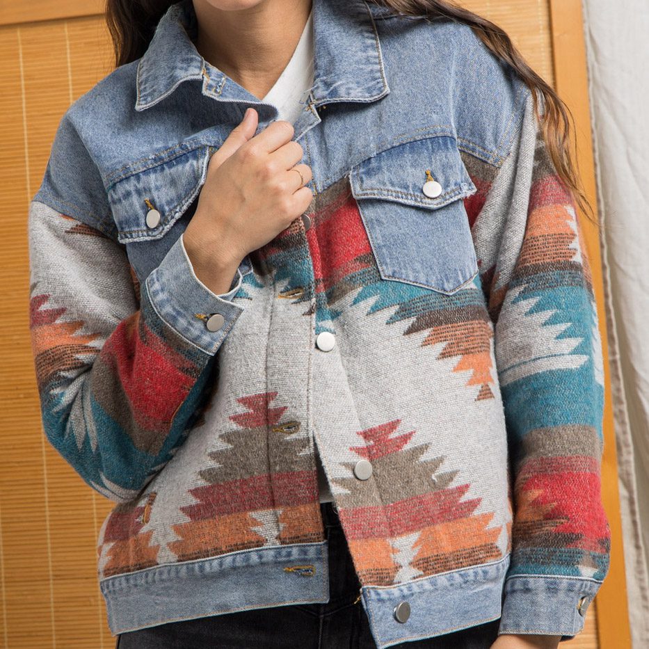Drune | Western Denim Jacke - Aztekenmuster Ärmel - Lässig & Trendy - Herbst Schichten