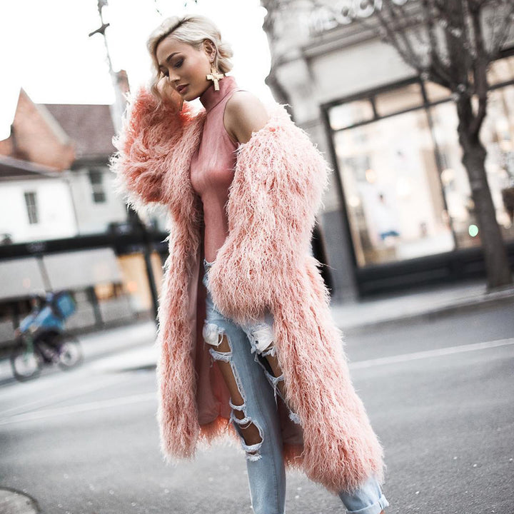 Damen Fluffiger Langmantel mit rauem Fell Drune
