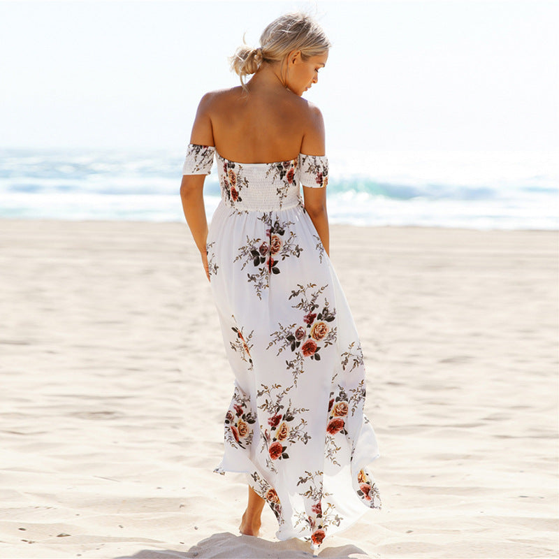 Damen Off-Shoulder Strandkleid mit floralem Muster und fließendem Schnitt Drune