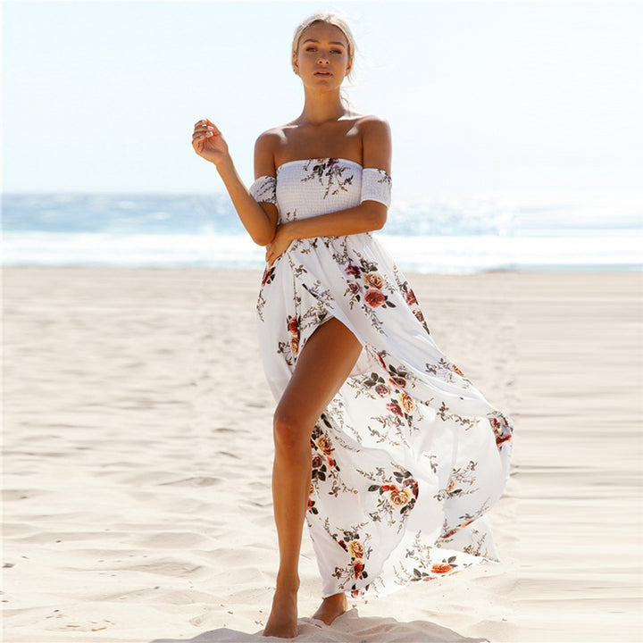 Damen Off-Shoulder Strandkleid mit floralem Muster und fließendem Schnitt Drune