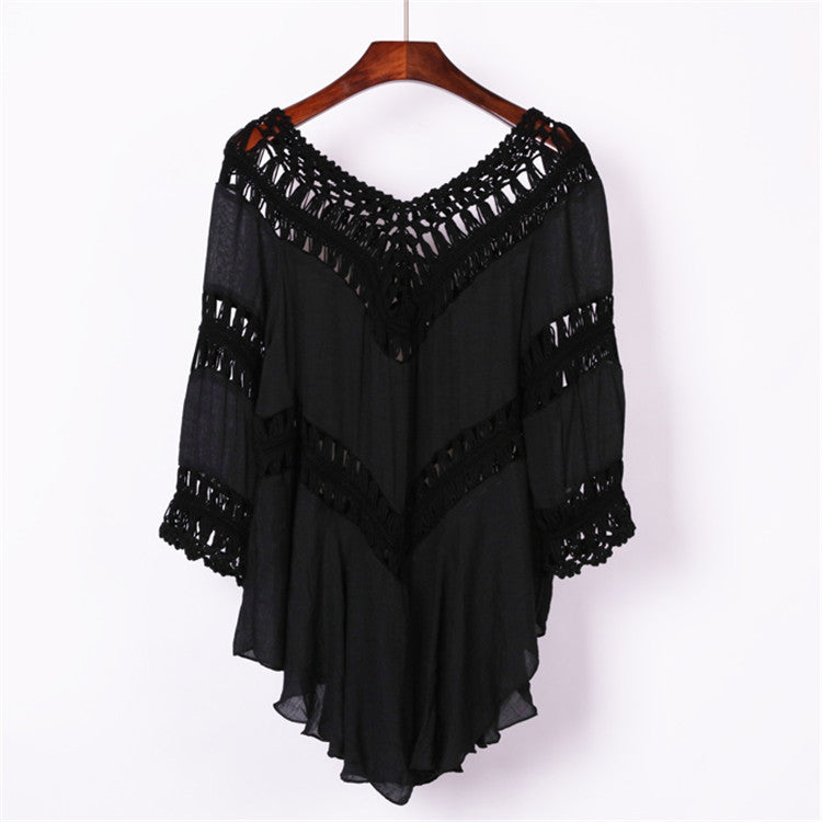 Damen elegante Häkelbluse mit V-Ausschnitt und Volantärmeln Drune
