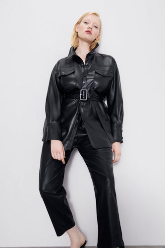 Drune | Mittelange vegane Lederjacke mit Gürtel für Frauen - Perfekt für legere Tage