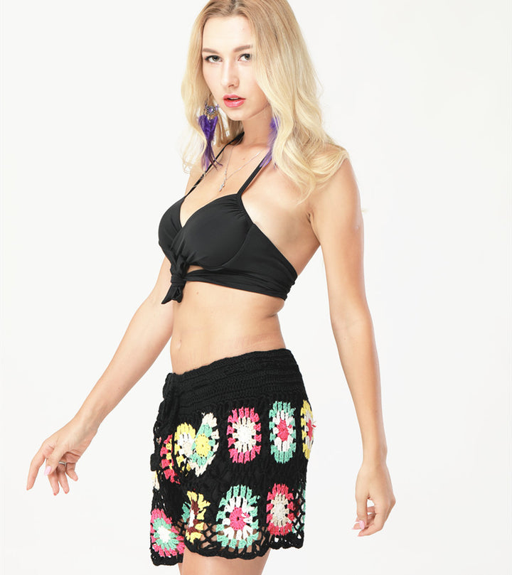 Damen Häkel-Strandshorts mit buntem Blumenmuster Drune