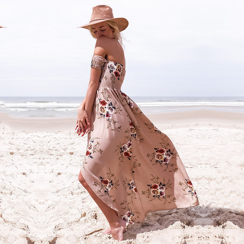 Damen Off-Shoulder Strandkleid mit floralem Muster und fließendem Schnitt Drune