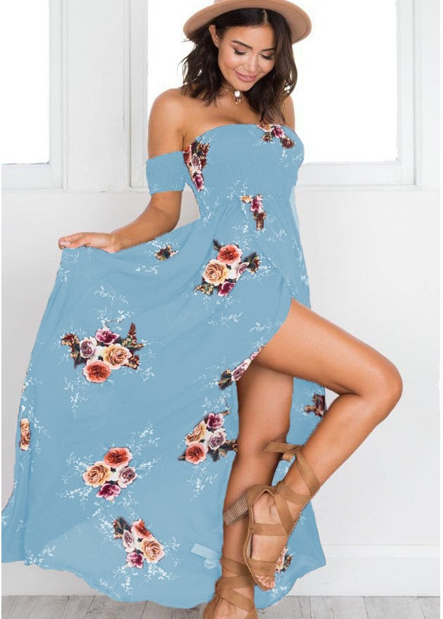 Damen Off-Shoulder Strandkleid mit floralem Muster und fließendem Schnitt Drune