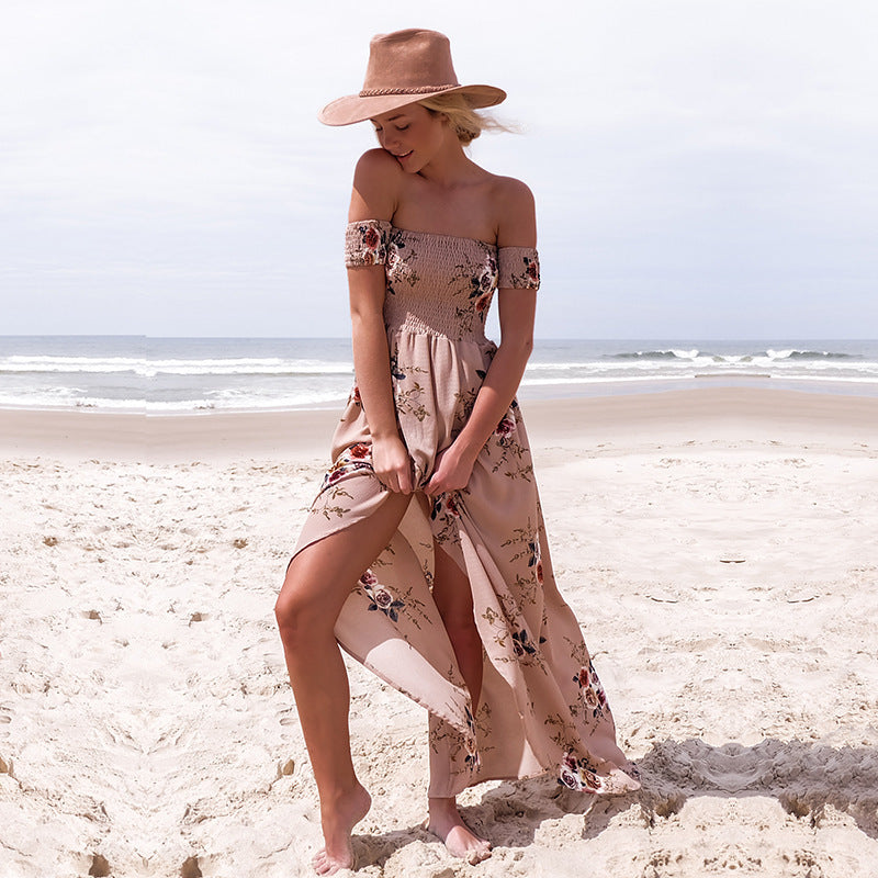 Damen Off-Shoulder Strandkleid mit floralem Muster und fließendem Schnitt Drune