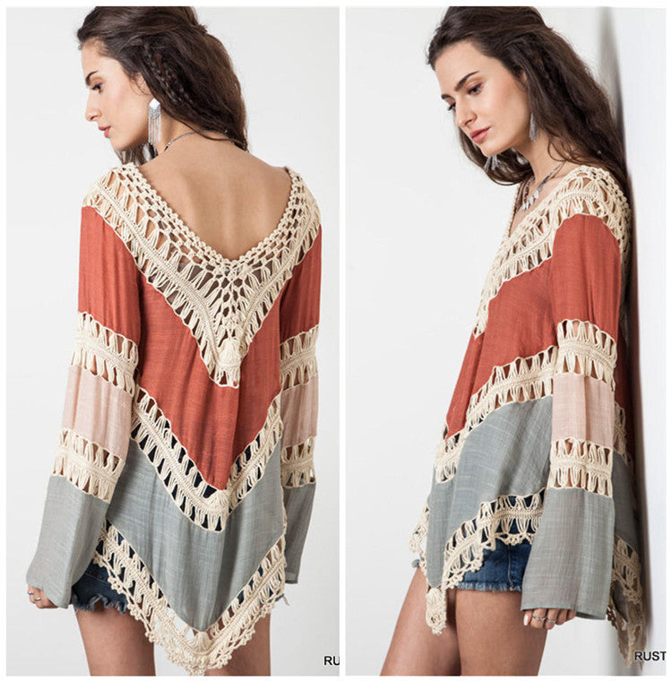 Damen Häkel-Strandtunika mit elegantem V-Ausschnitt und dekorativem McMuster Drune