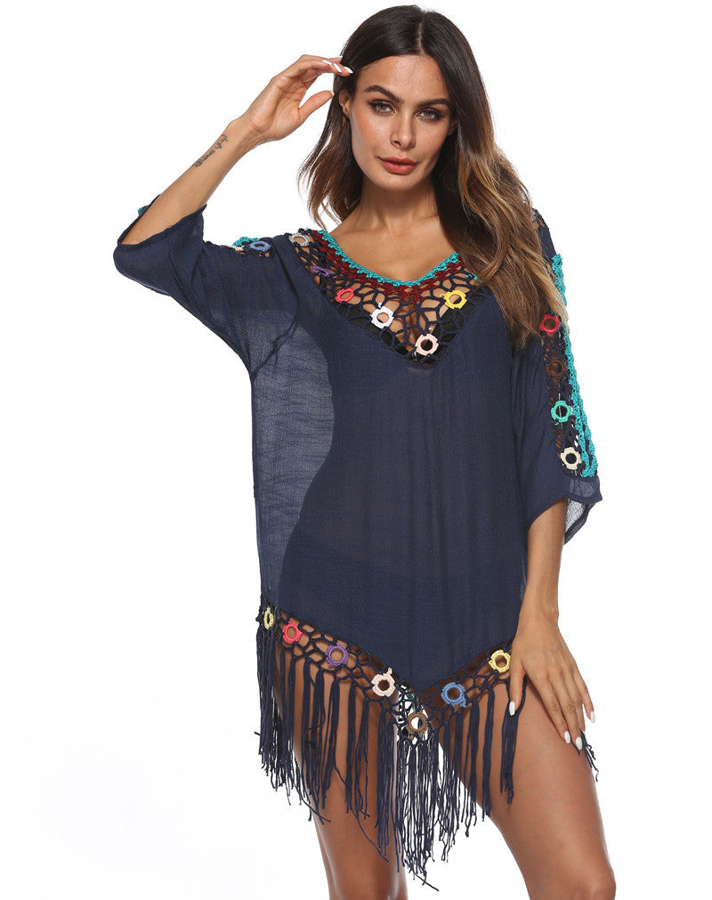 Damen Elegante Häkel-Strandtunika mit fransigen Details und bunten Applikationen Drune