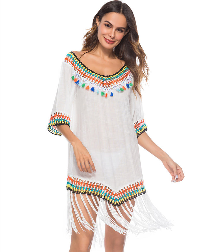 Damen Strandüberwurfkleid mit fransigem Saum und buntem Häkelmuster Drune