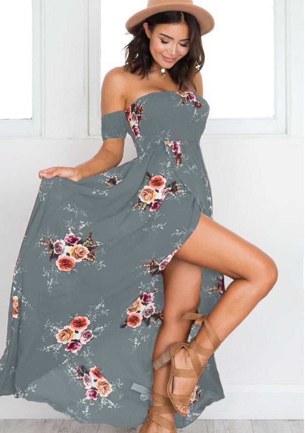 Damen Off-Shoulder Strandkleid mit floralem Muster und fließendem Schnitt Drune