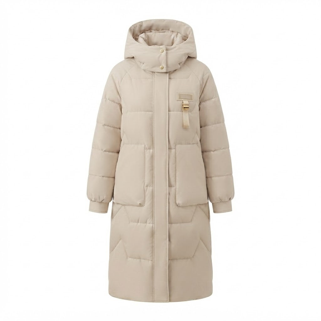 Damen Lange Thermo Steppjacke mit Übergroßer Kapuze und Windschutz Drune