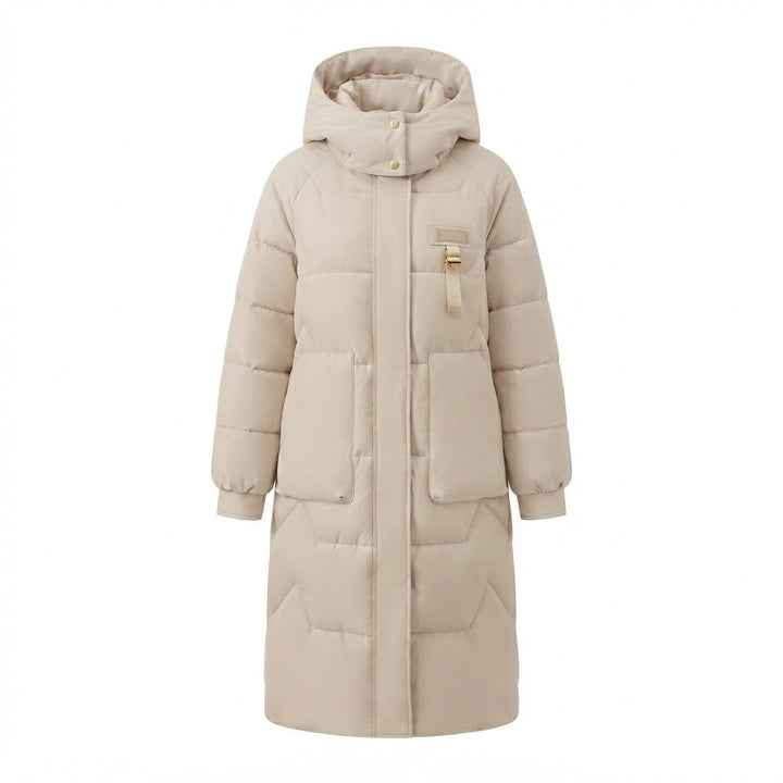 Damen Lange Thermo Steppjacke mit Übergroßer Kapuze und Windschutz Drune
