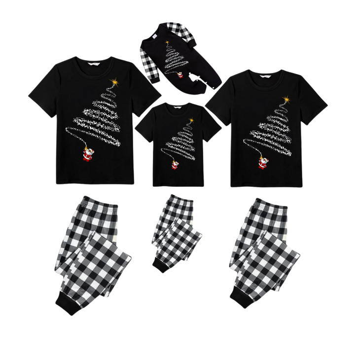 Drune | Santa Climbing Christmas Tree Familie Pyjama Set - Schwarzes Oberteil Schwarze und Weiße Karohose Weißer Baum Grafik