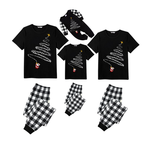 Drune | Santa Climbing Christmas Tree Familie Pyjama Set - Schwarzes Oberteil Schwarze und Weiße Karohose Weißer Baum Grafik