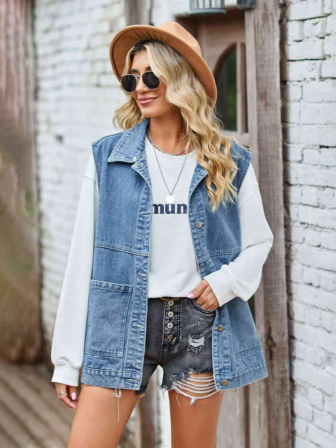 Drune | Knopf-Front Ärmellose Jeansjacke
