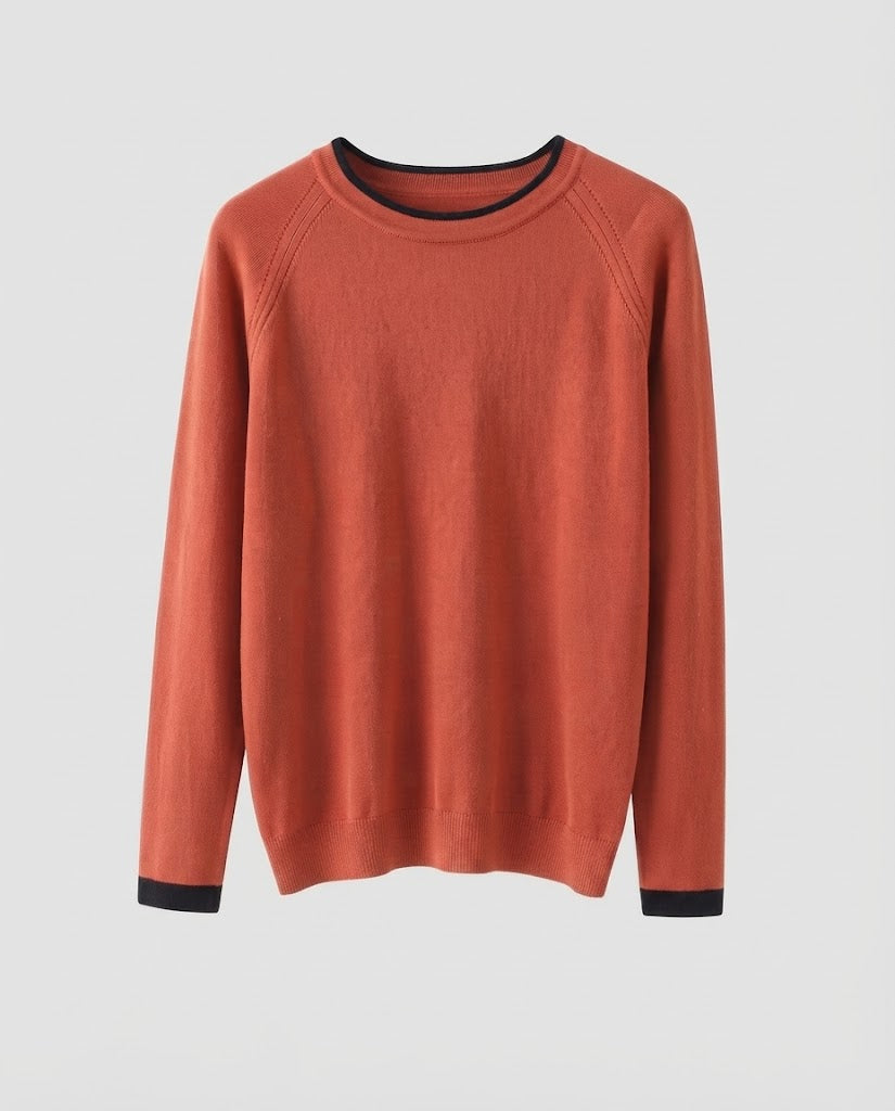 Damen Feiner Rundhalspullover mit kontrastierter Kantenblende und schmaler Silhouette Drune