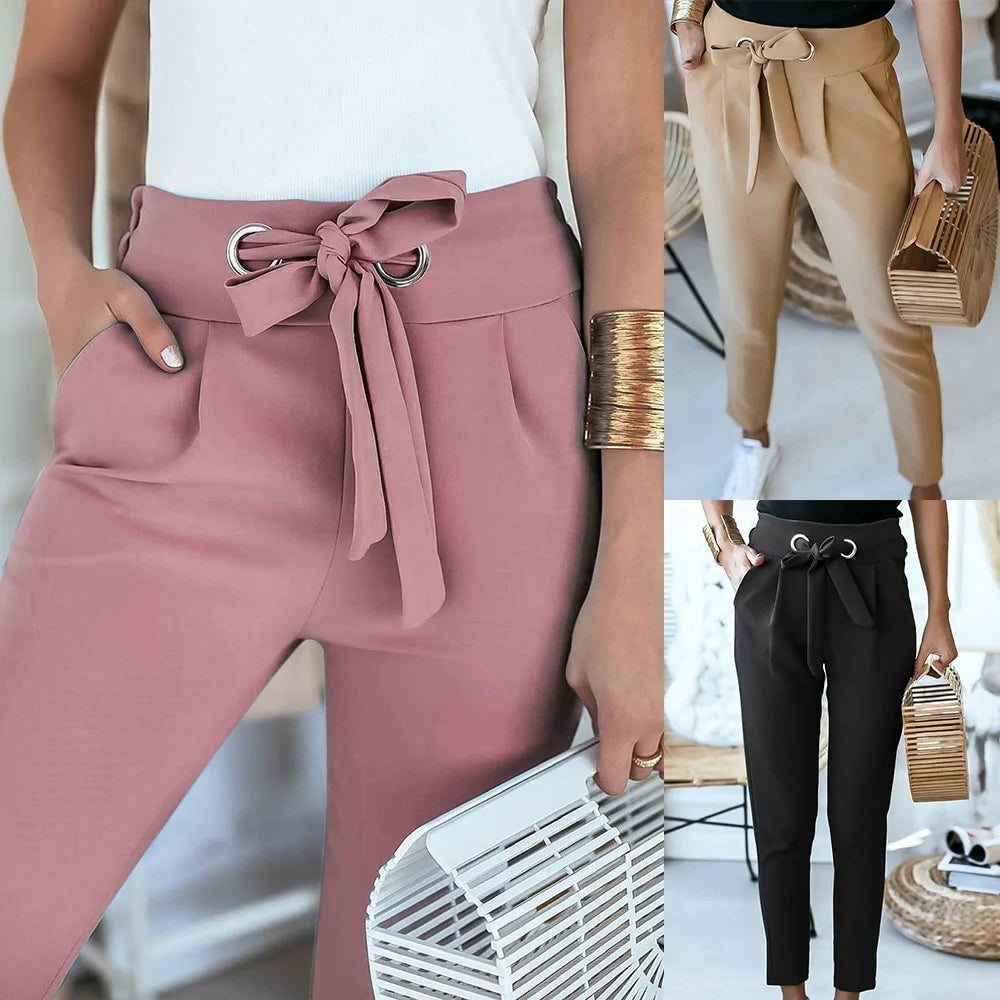 Drune | High Waist Hose mit Gürtel - Elegante Schlupfhose mit Bindegürtel & Seitentaschen für Büro & Alltag