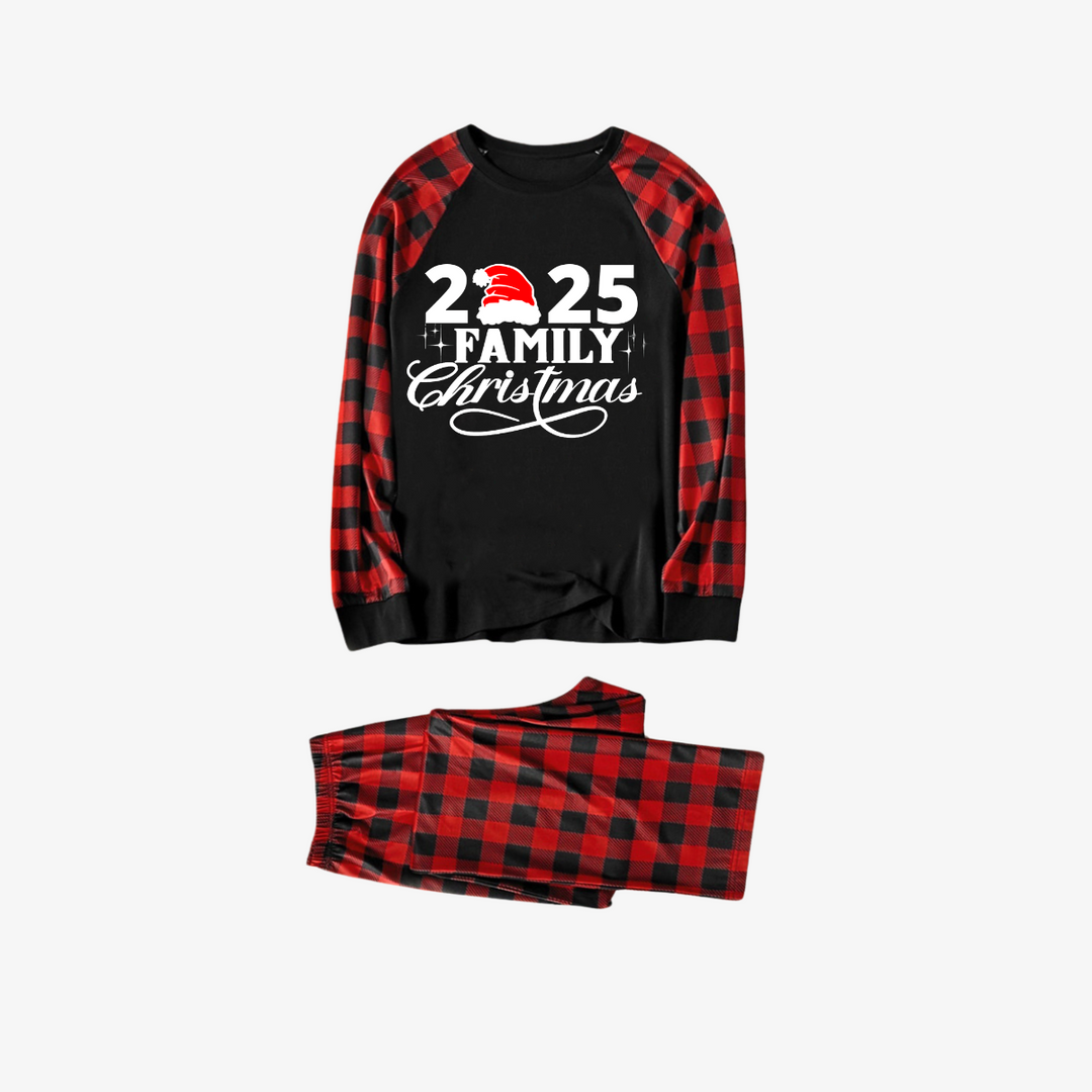 Drune | "2025 Familie Weihnachten" Buchstaben Druck Schwarz & Rot Karo Familie Passende Schwarze Pyjamas