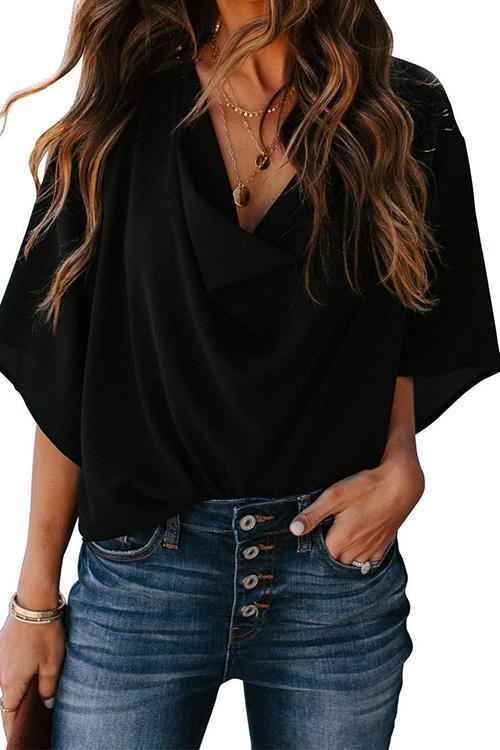 Drune | Rosiedress Cowl Neck Kurzarm Drapiert Chiffon Shirt