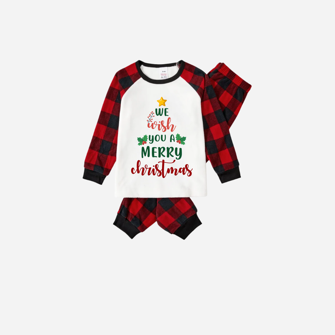 Drune | Rot und Schwarz Karierter Weihnachts-Pyjama-Set Mit "Wir wünschen Ihnen ein fröhliches Weihnachtsfest" Textdruck