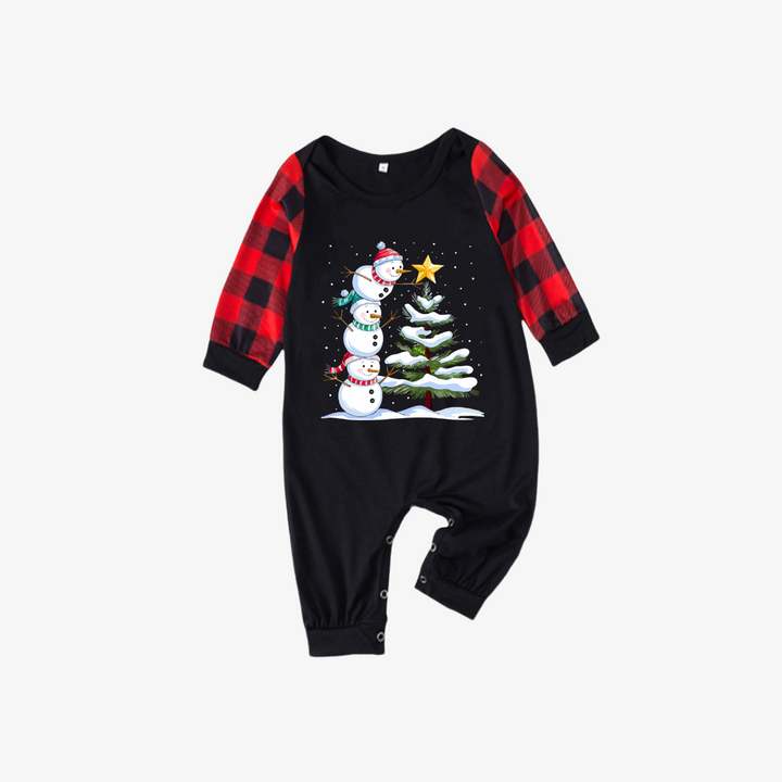 Drune | Rote und schwarze karierte Weihnachts-Pyjama-Sets mit Schneemann- und Weihnachtsbaum-Print
