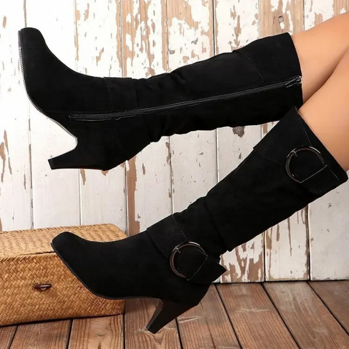 Drune | Damen Knielange Stiefel mit Reißverschluss und Schnalle Stilvolle Hohe Stiefel