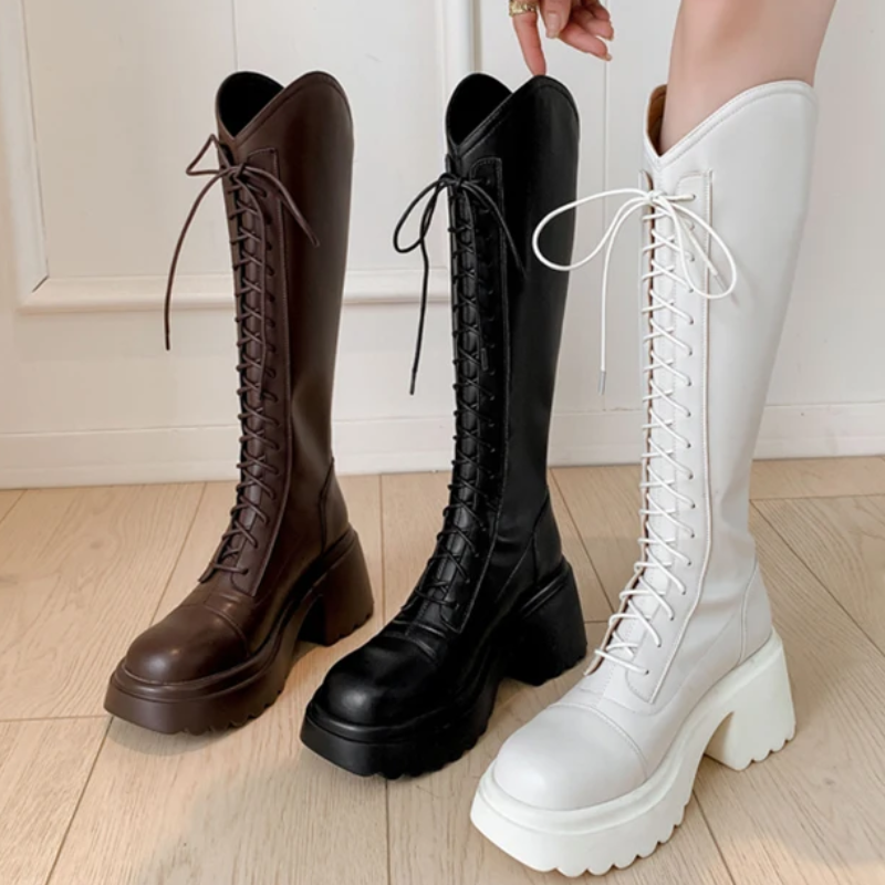 Drune | Hohe Stiefel Damenstiefel mit Schnürung und Robuster Ferse