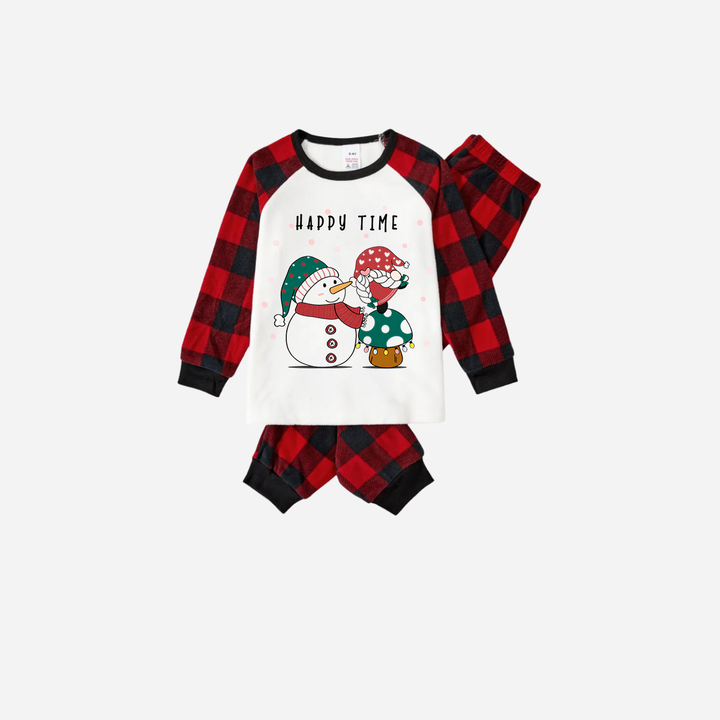 Drune | Rote und Schwarze Karierte Weihnachts-Pyjama-Set mit Schneemann und Gnom und "Happy Time" Textdruck