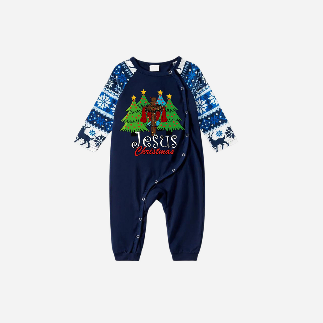 Drune | Jesus Weihnachten Familie Passende Pyjama Set - Dunkelblaues Oberteil mit Blau und Weiß Schneeflockenmuster Hose