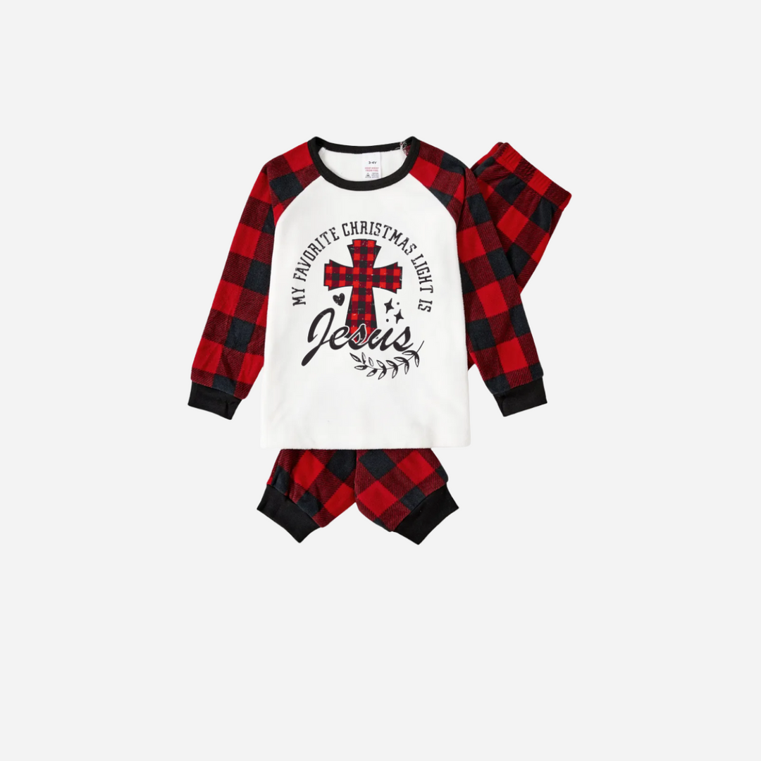 Drune | Mein Lieblings-Weihnachtslicht ist Jesus Familien-Weihnachts-Pyjama-Set - Weißes Oberteil mit roten karierten Ärmeln und roten karierten Hosen