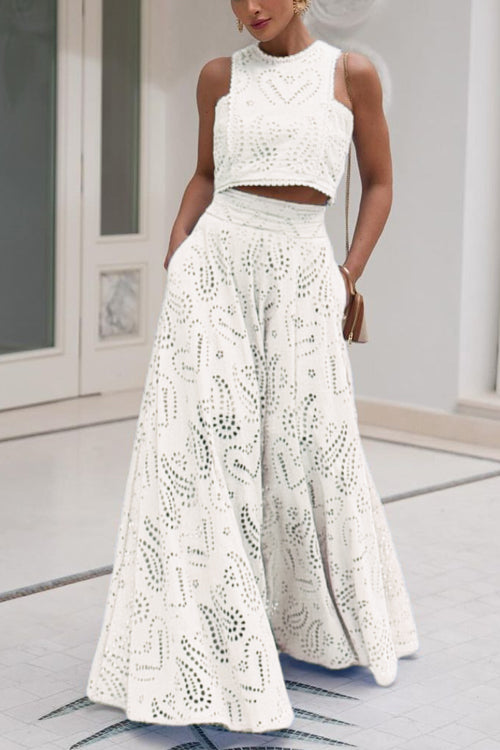 Drune | Rosiedress Spitze Hollow Out Rundhals Crop Tank Top Hohe Taille Maxi Swing Rock Set