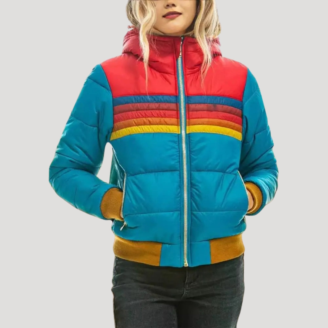 Drune | Damen Winter Retro Pufferjacke – Kapuzen Farbblockmantel