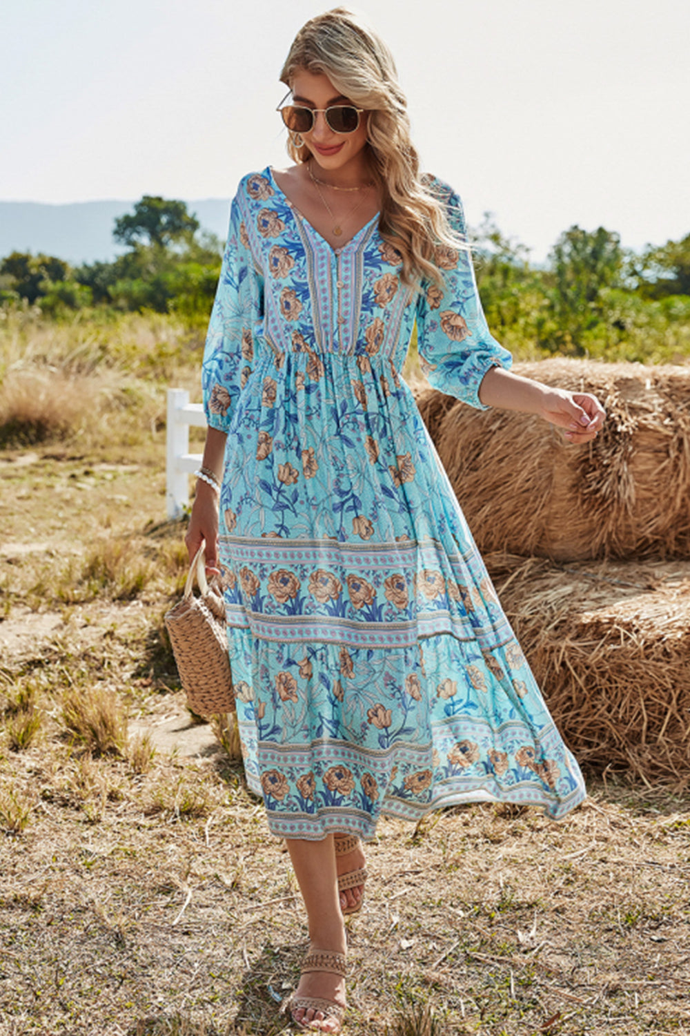 Drune | Hohe Taille V-Ausschnitt Boho Strandkleid