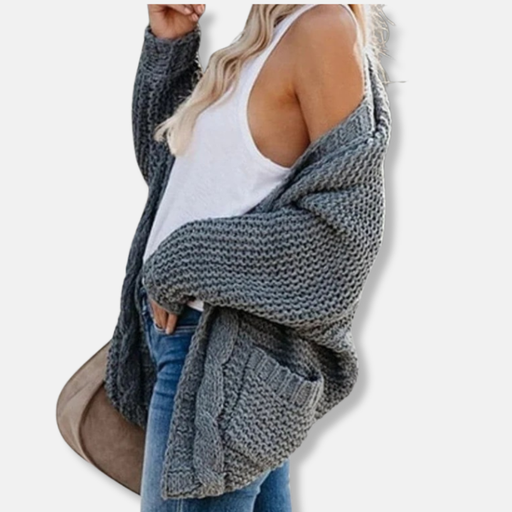 Drune | Woll Übergroßer Cardigan - Gerippter Offener Fronttaschen Cardigan