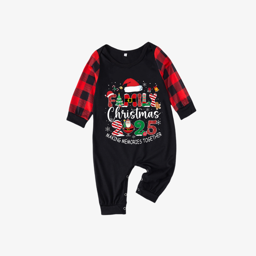 Drune | Rot und Schwarz Karierte Weihnachts-Pyjama-Set mit "Familien-Weihnachten 2025 Gemeinsam Erinnerungen Schaffen" Textdruck