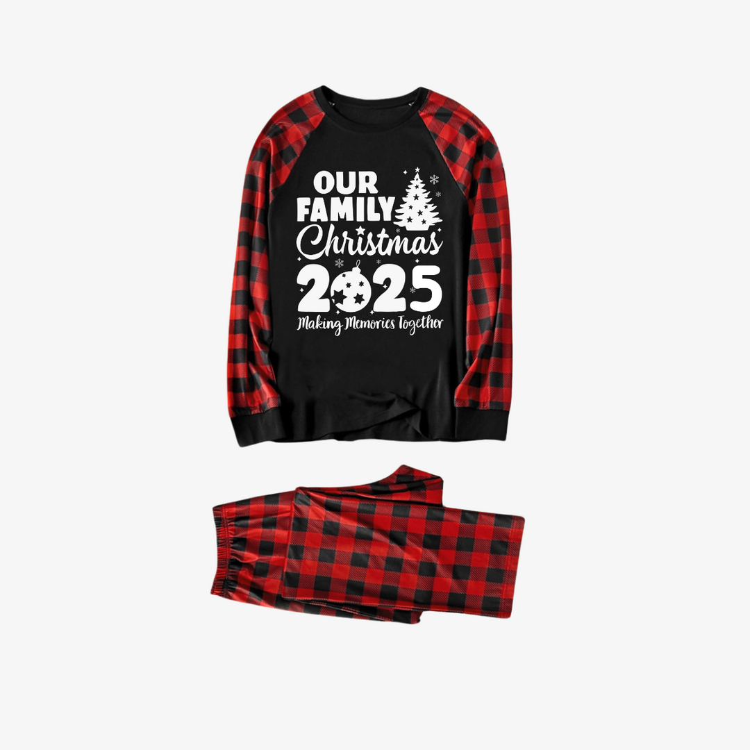 Drune | Weihnachtsbaum & "2025 Gemeinsam Erinnerungen schaffen" gemusterter Kontrast-Oberteil und Schwarz-Rot karierten Hose Familien-Matching Pyjama Set
